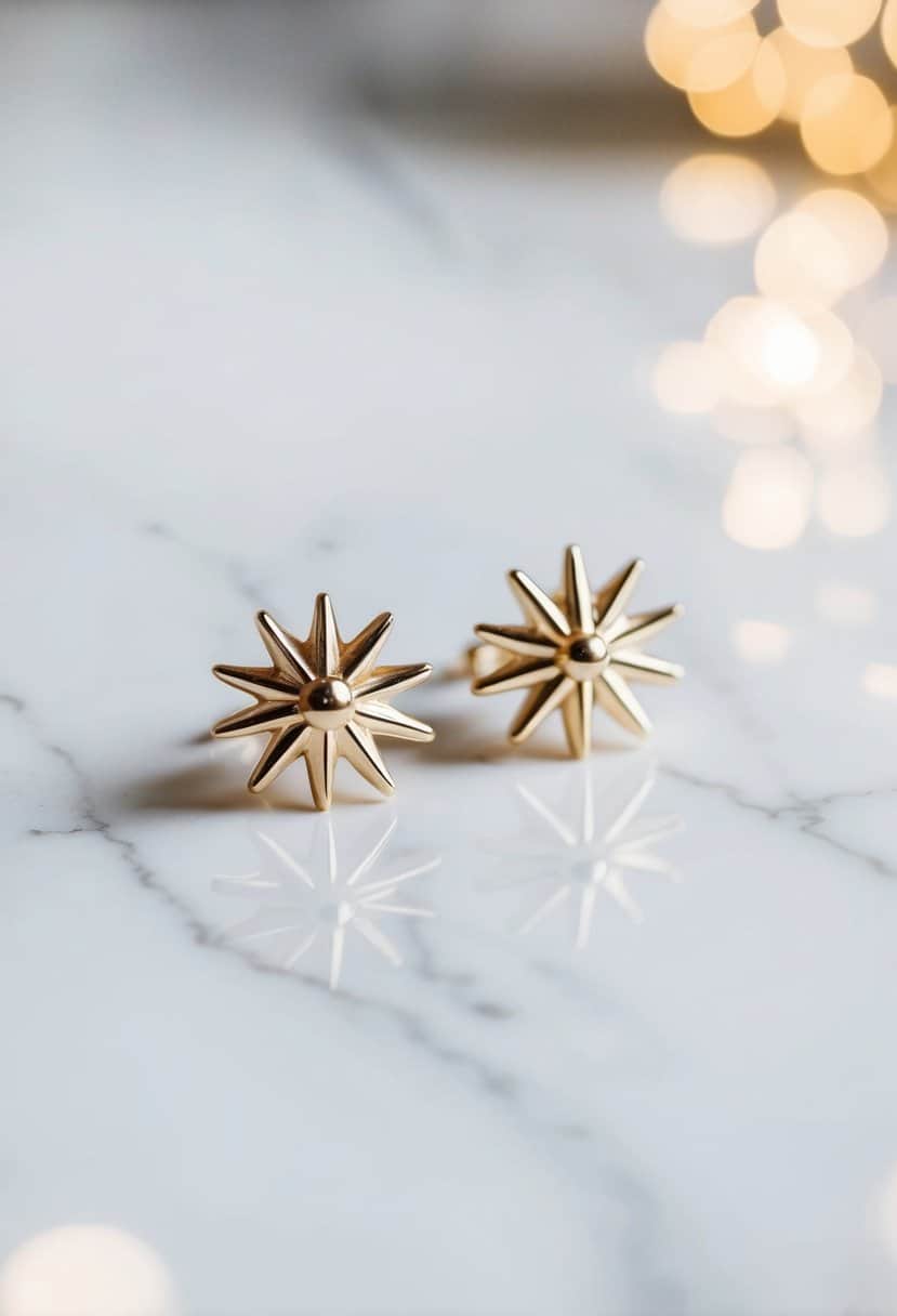 A close-up of starburst stud earrings on a white marble background