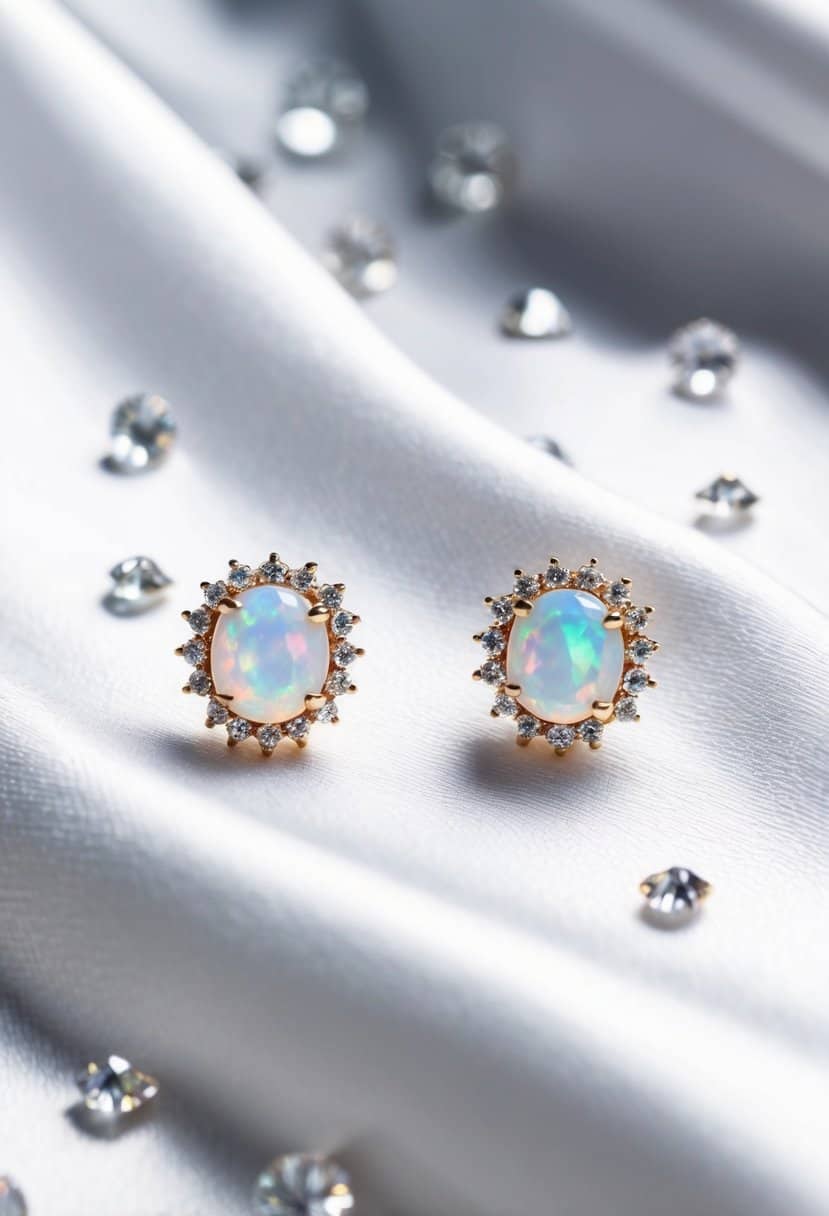 Two delicate opal stud earrings displayed on a white satin background, surrounded by tiny sparkling crystals