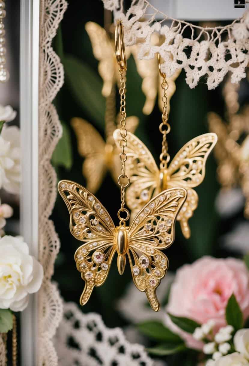 Vintage gold butterfly motif danglers hang from a display, surrounded by delicate lace and floral accents