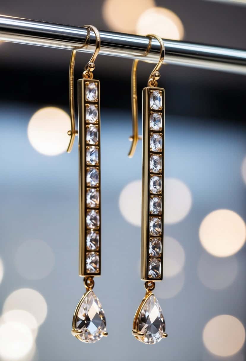 A pair of elegant Givenchy Crystal Linear Drop Earrings dangle from a display, catching the light and casting shimmering reflections