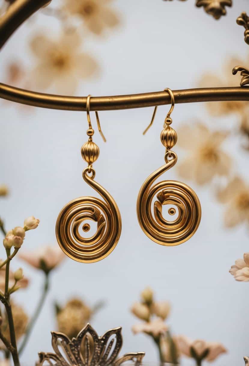 Vintage gold swirl earrings hang from a display, surrounded by delicate floral patterns and ornate details