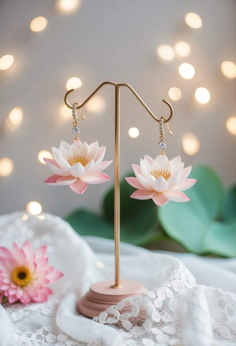 Lotus flower earrings dangle from a delicate stand, surrounded by soft light and elegant lace fabric