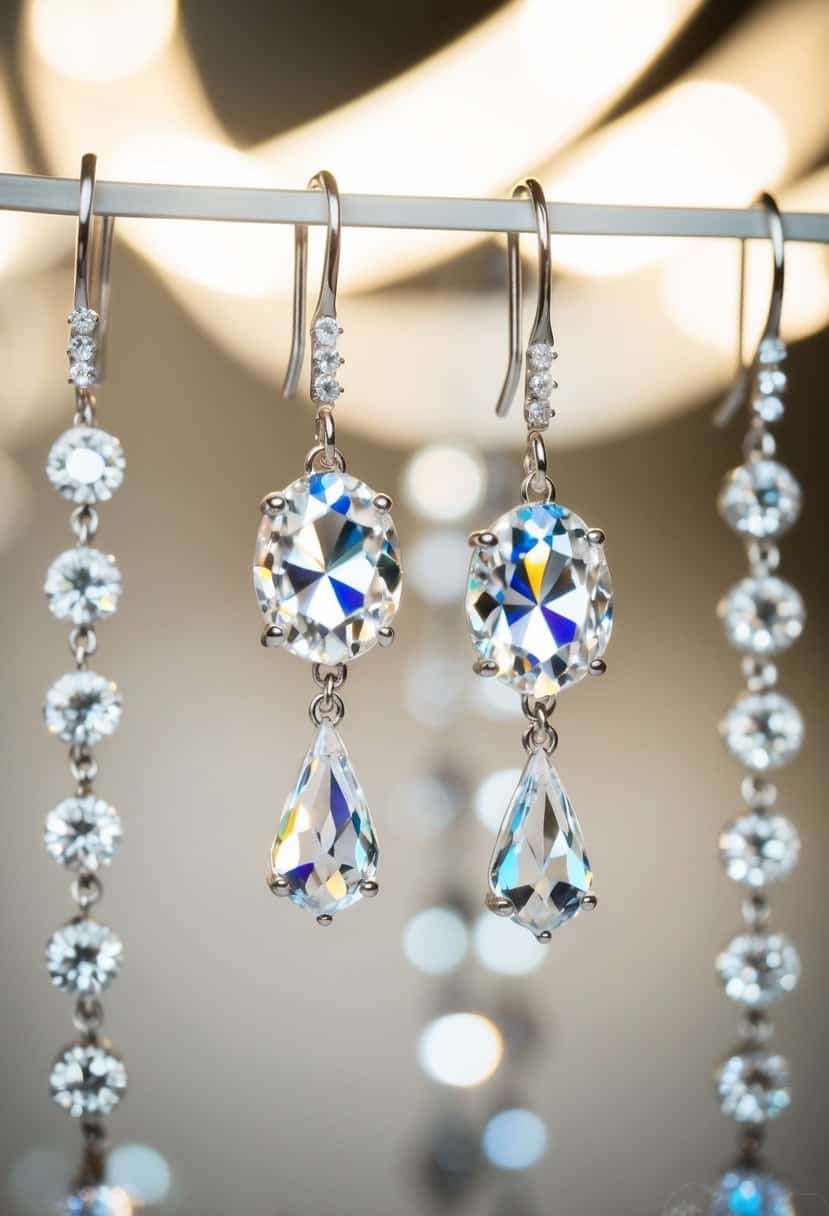 Sparkling crystal drop earrings hang from a delicate display, catching the light with a shimmering allure