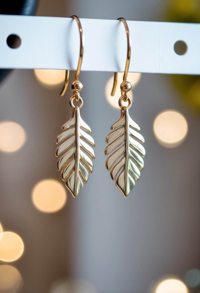 Two delicate Olive Leaf Drop Earrings dangle from a display, catching the light with their elegant design