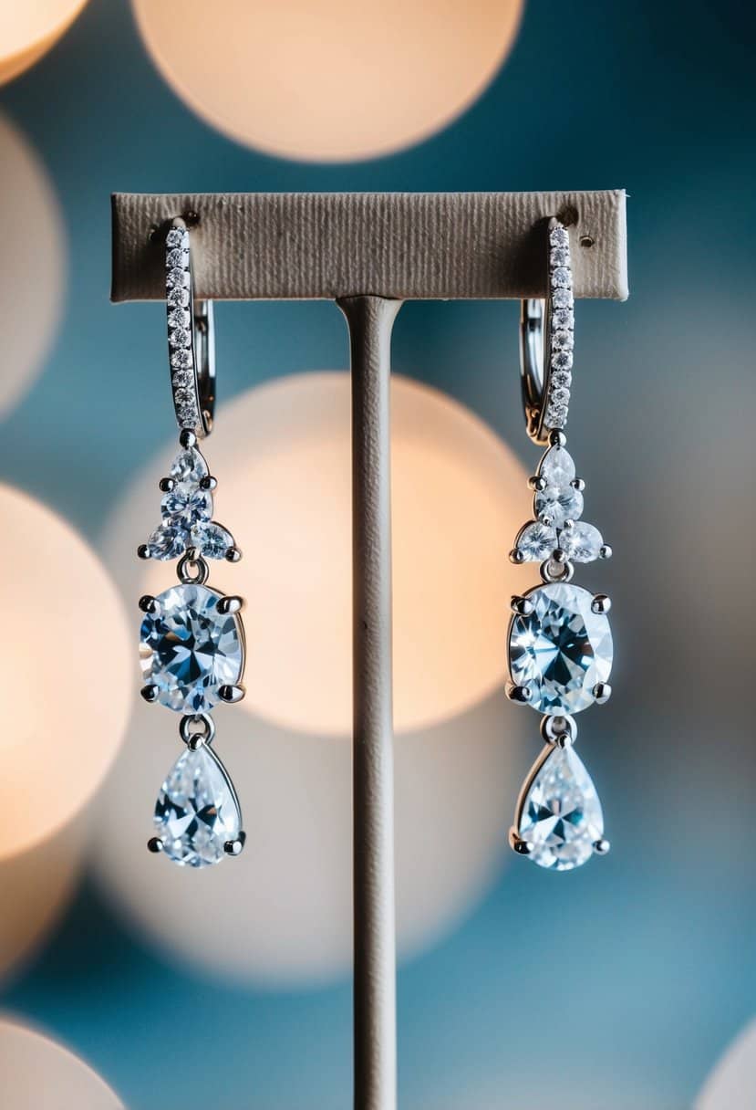 A pair of Nordstrom Nadri Cubic Zirconia Drop Earrings hanging from a jewelry stand, catching the light and sparkling with elegance