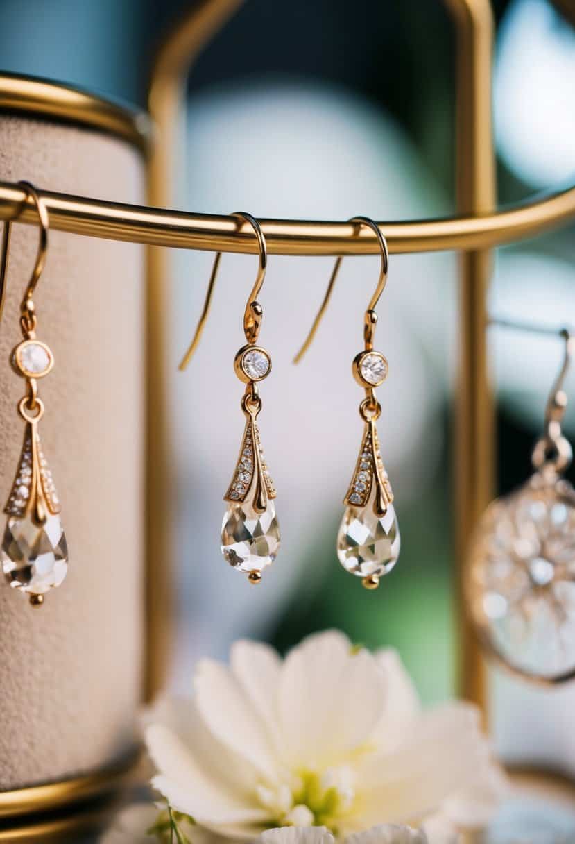 Delicate Dagny Drop Earrings dangle from a jewelry display, surrounded by other wedding accessories