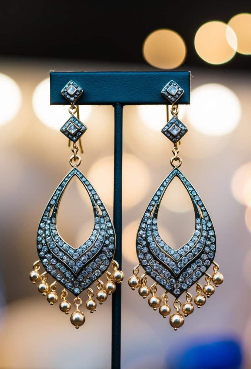 A pair of Ettika Statement Drop Earrings dangle from a display stand, catching the light with their intricate design and sparkling gems