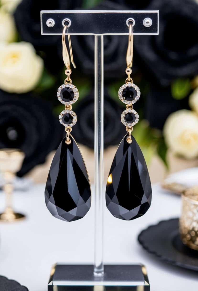 A pair of Swarovski Black Crystal Teardrop Earrings suspended from a display, surrounded by elegant black wedding decor