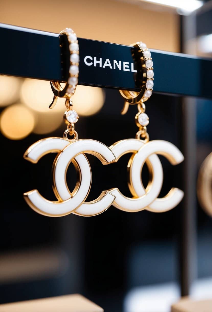 A pair of Chanel Camélia Earrings dangle elegantly from a display, catching the light and exuding luxury