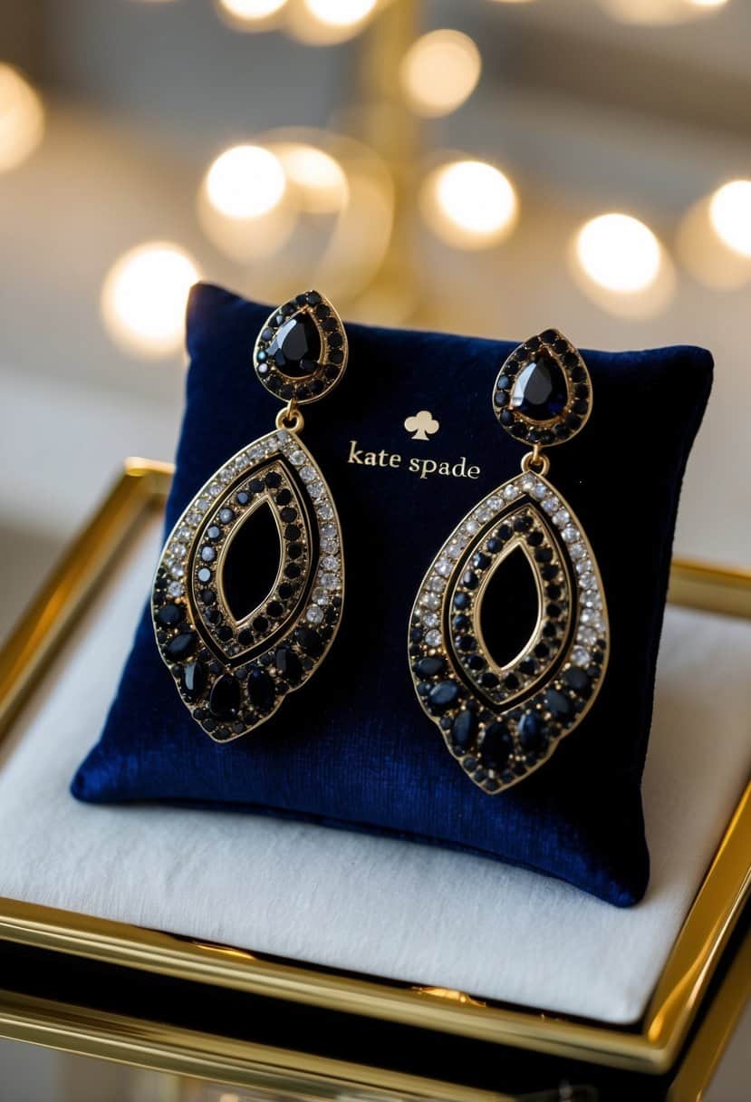 A pair of Kate Spade Idelisa Statement Earrings in black, elegantly displayed on a velvet cushion, with soft lighting to highlight their intricate design