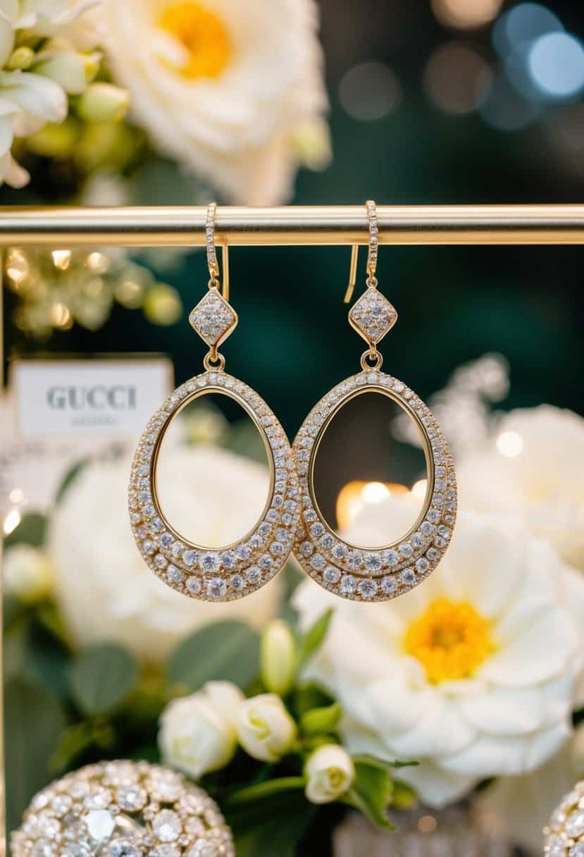 Two Gucci Marmont Drop Earrings hanging from a jewelry display, surrounded by elegant wedding decor