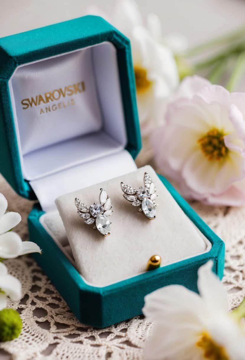 A sparkling pair of Swarovski Angelic Stud Earrings displayed on a velvet jewelry box, surrounded by delicate lace and floral details