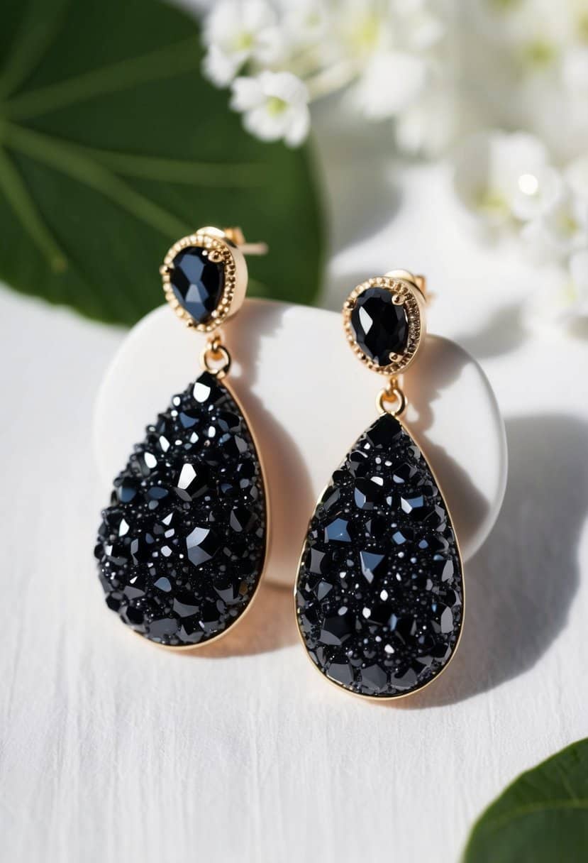 A close-up of elegant black drusy drop earrings against a white background, with delicate details and a shimmering finish