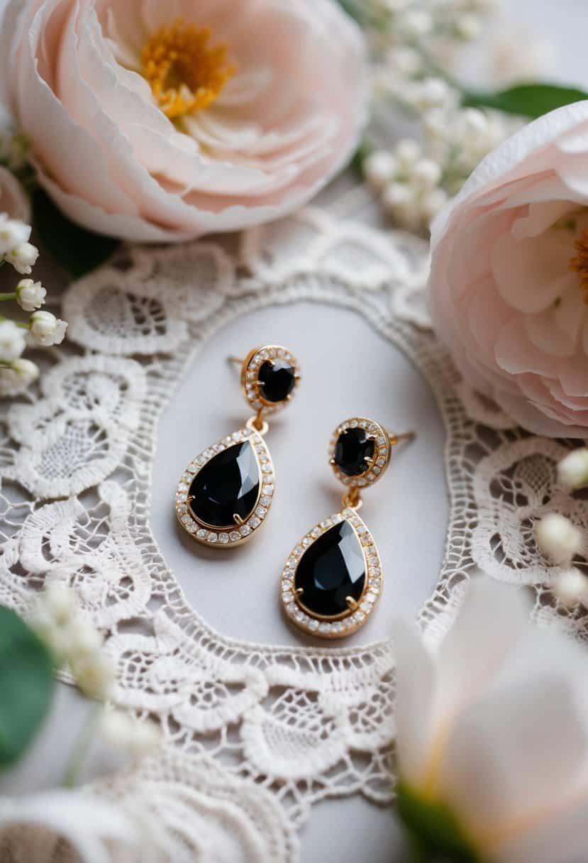 A close-up of elegant Kate Spade 'Set in Stone' drop earrings, surrounded by delicate lace and floral details, with a soft romantic lighting