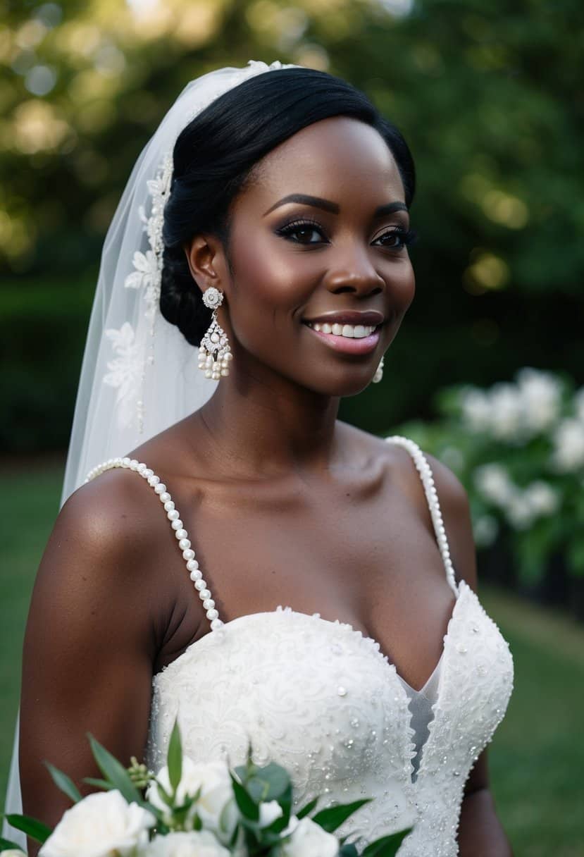 A black bride wearing Anne Klein Black Pearl Drop Earrings on her wedding day