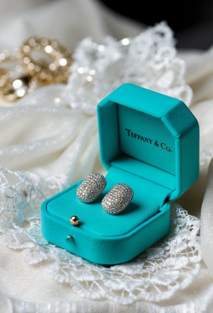 A sparkling pair of Tiffany & Co. 'Elsa Peretti' Bean Earrings rests on a velvet jewelry box, surrounded by delicate lace and satin fabric