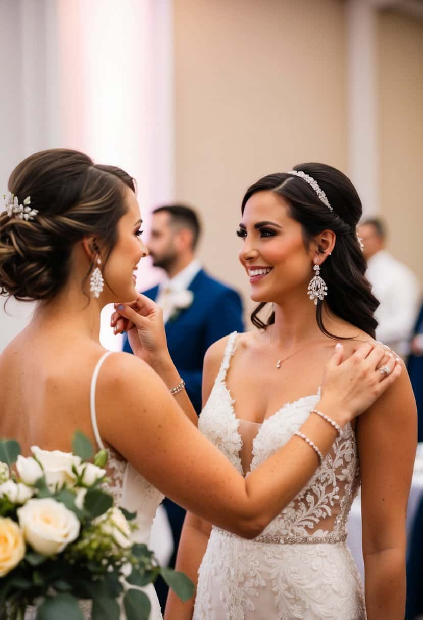 A bride admires her maid of honor wearing Kendra Scott 'Elle' Drop Earrings at a wedding reception