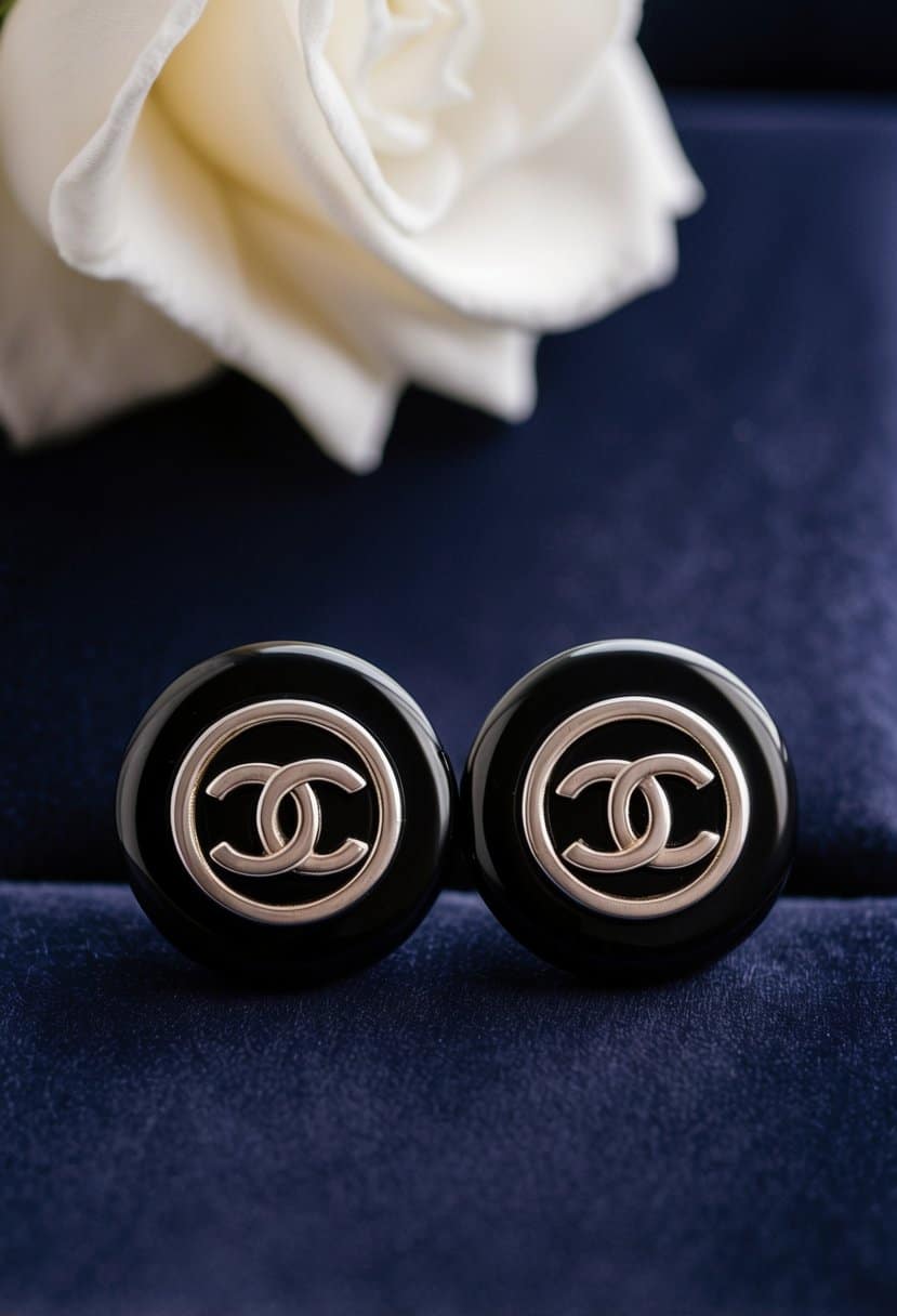 A close-up of elegant Chanel Vintage Black Button Clip Earrings on a velvet background, evoking sophistication and style for a black bride's wedding ensemble