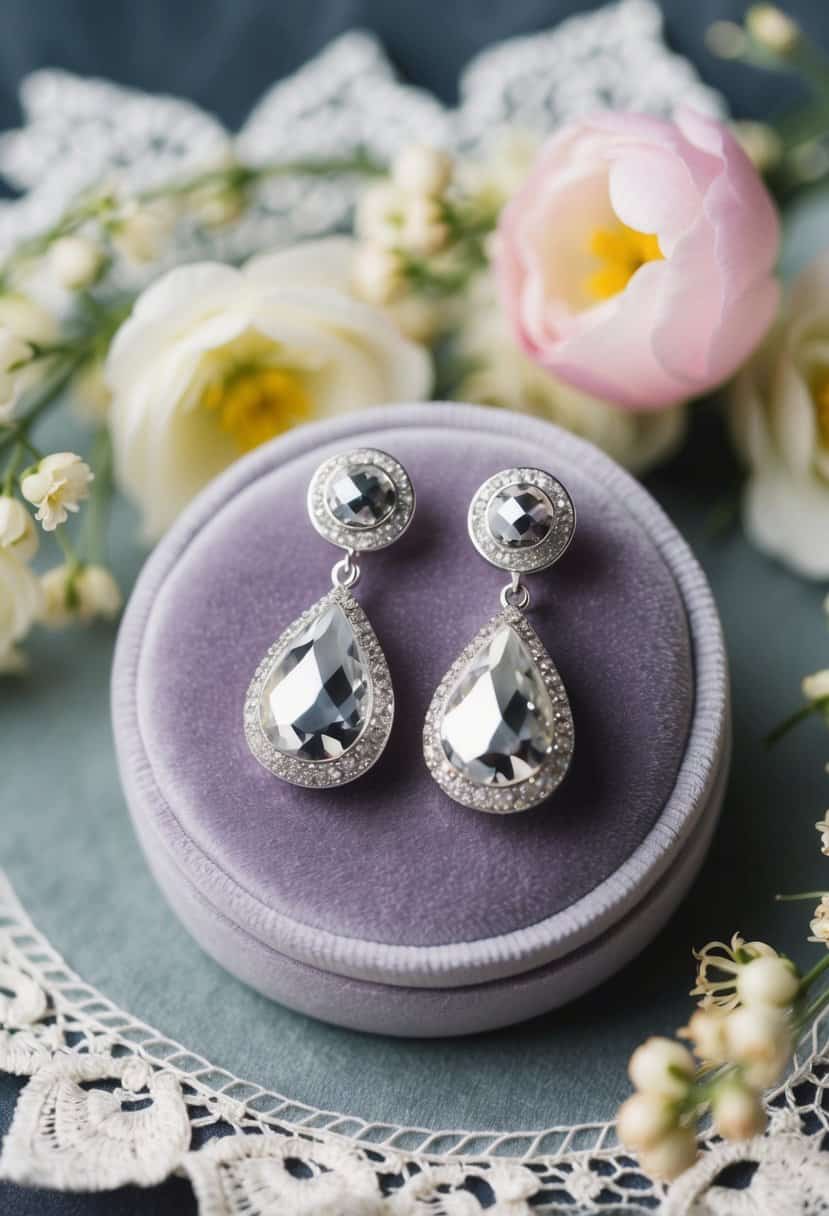 A sparkling pair of Pandora Shimmering Drop Earrings displayed on a velvet cushion, surrounded by delicate lace and floral decorations