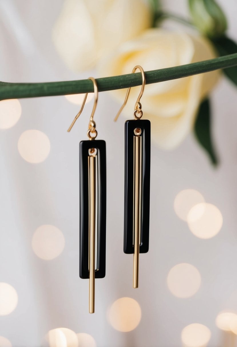 A close-up of elegant Nadri Black and Gold Linear Drop Earrings against a soft, romantic background, evoking a sense of sophistication and luxury