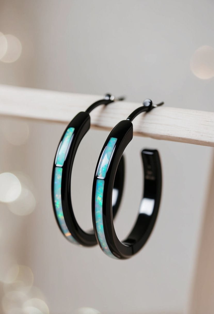 A sleek, elegant pair of jet-black hoop earrings with opal accents, perfect for a modern bride's wedding ensemble