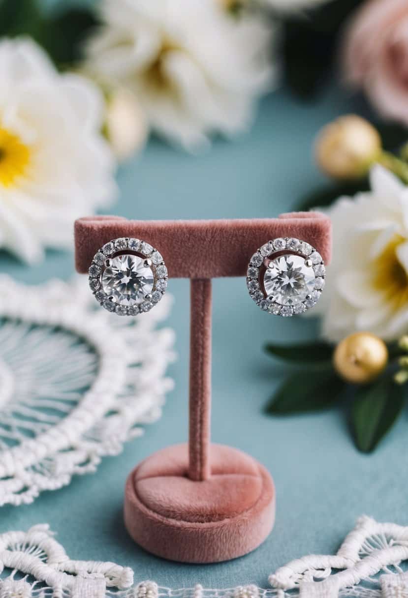 A pair of cubic zirconia halo stud earrings displayed on a velvet jewelry stand, surrounded by delicate lace and floral accents