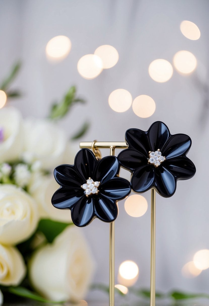 A close-up of elegant black resin flower earrings by Oscar de la Renta, set against a soft, romantic wedding backdrop