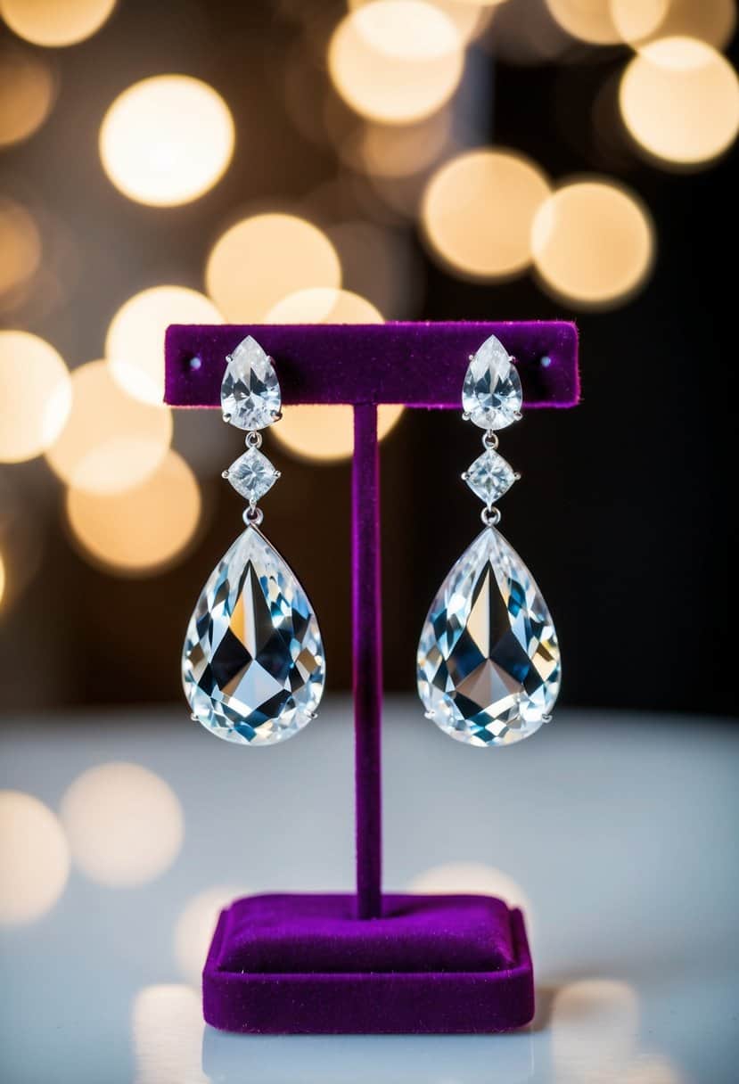 A sparkling pair of crystal teardrop earrings by Oscar de la Renta, displayed on a velvet jewelry stand