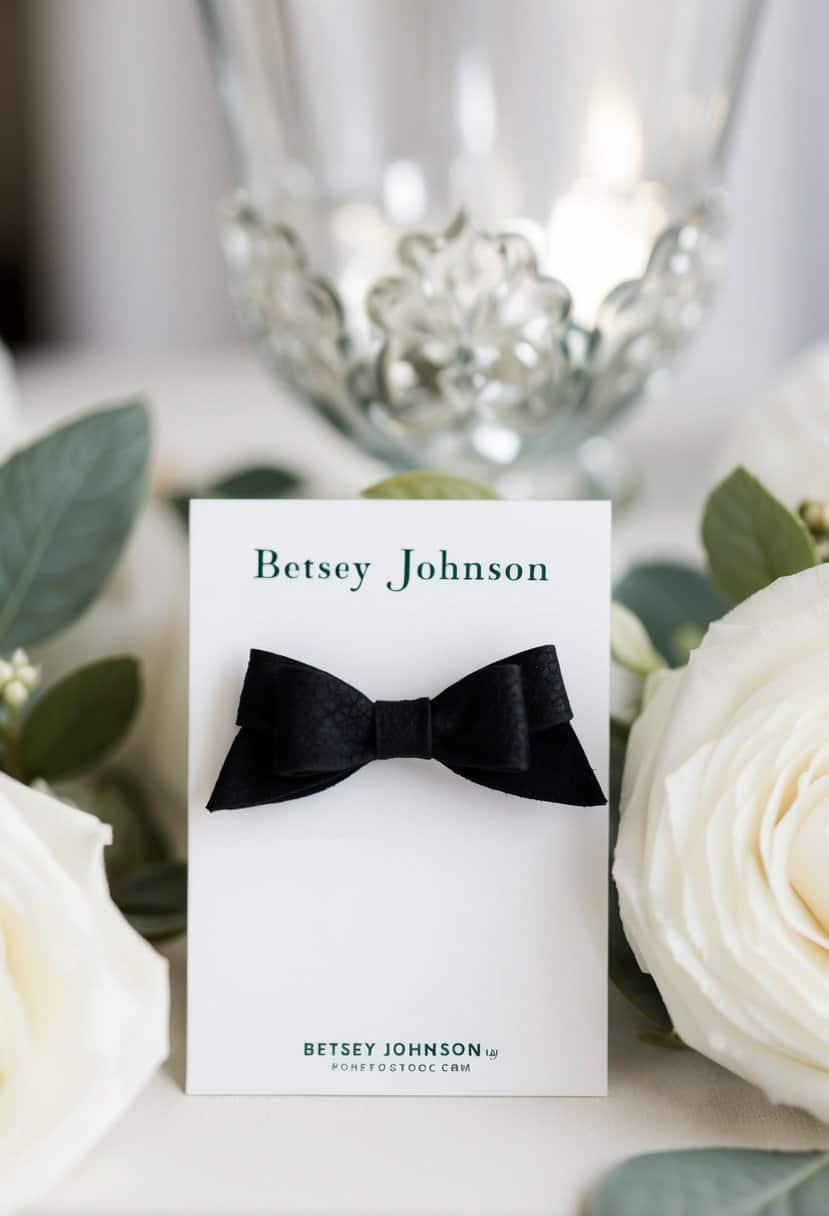 A pair of black bow stud earrings by Betsey Johnson, displayed on a white background with elegant wedding decor