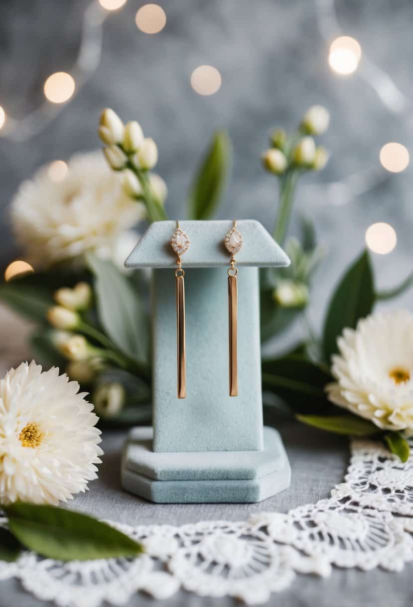 A pair of elegant bar pendant earrings displayed on a velvet stand, surrounded by delicate lace and floral accents