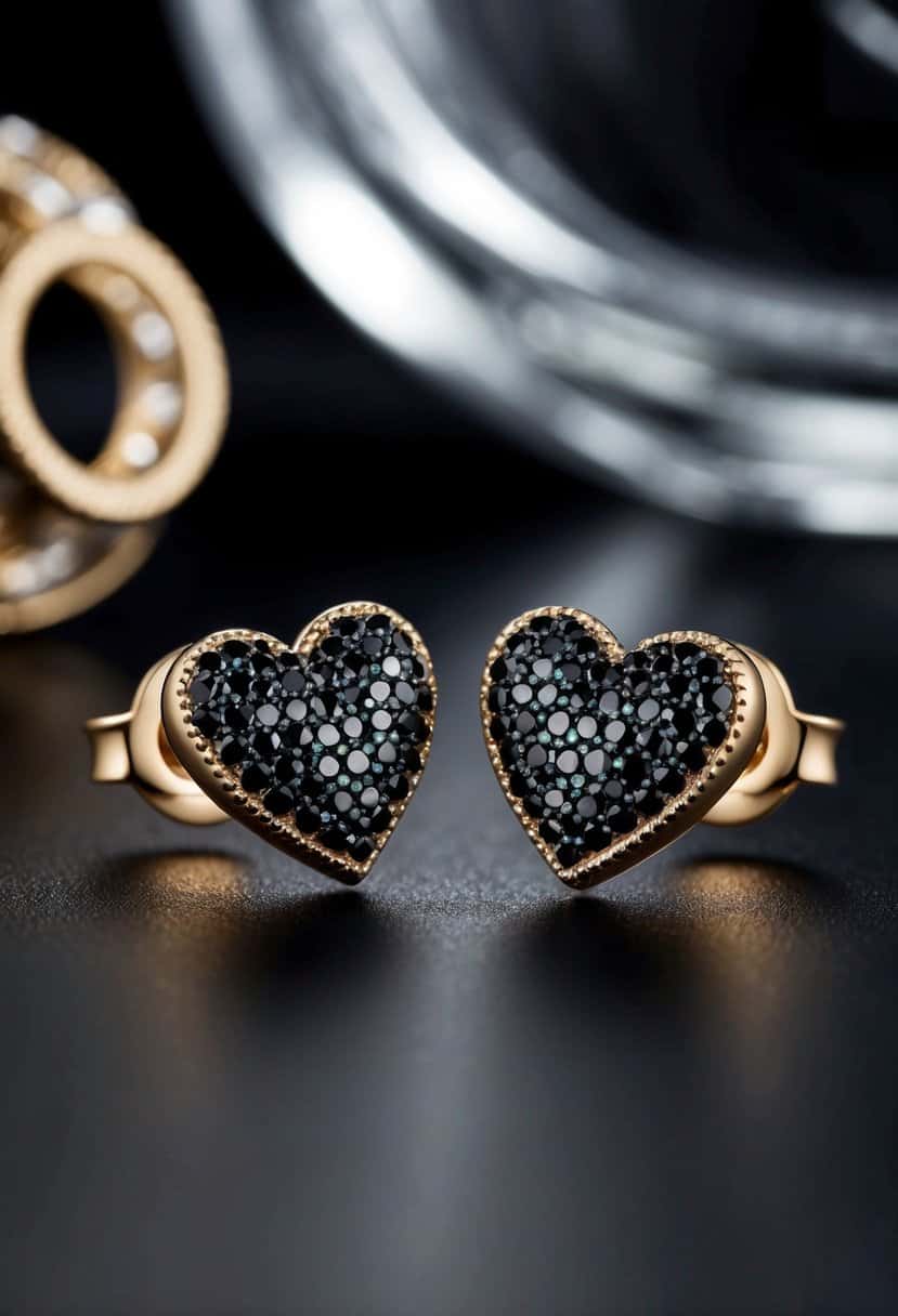 A close-up of the Pandora Black Pave Heart Earrings against a dark, elegant background, evoking a sense of romance and sophistication