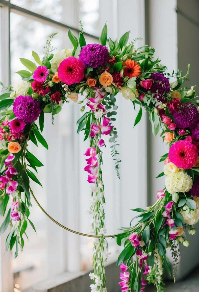 A bouquet of vibrant flowers arranged in a circular hoop, with delicate petals and leaves cascading down