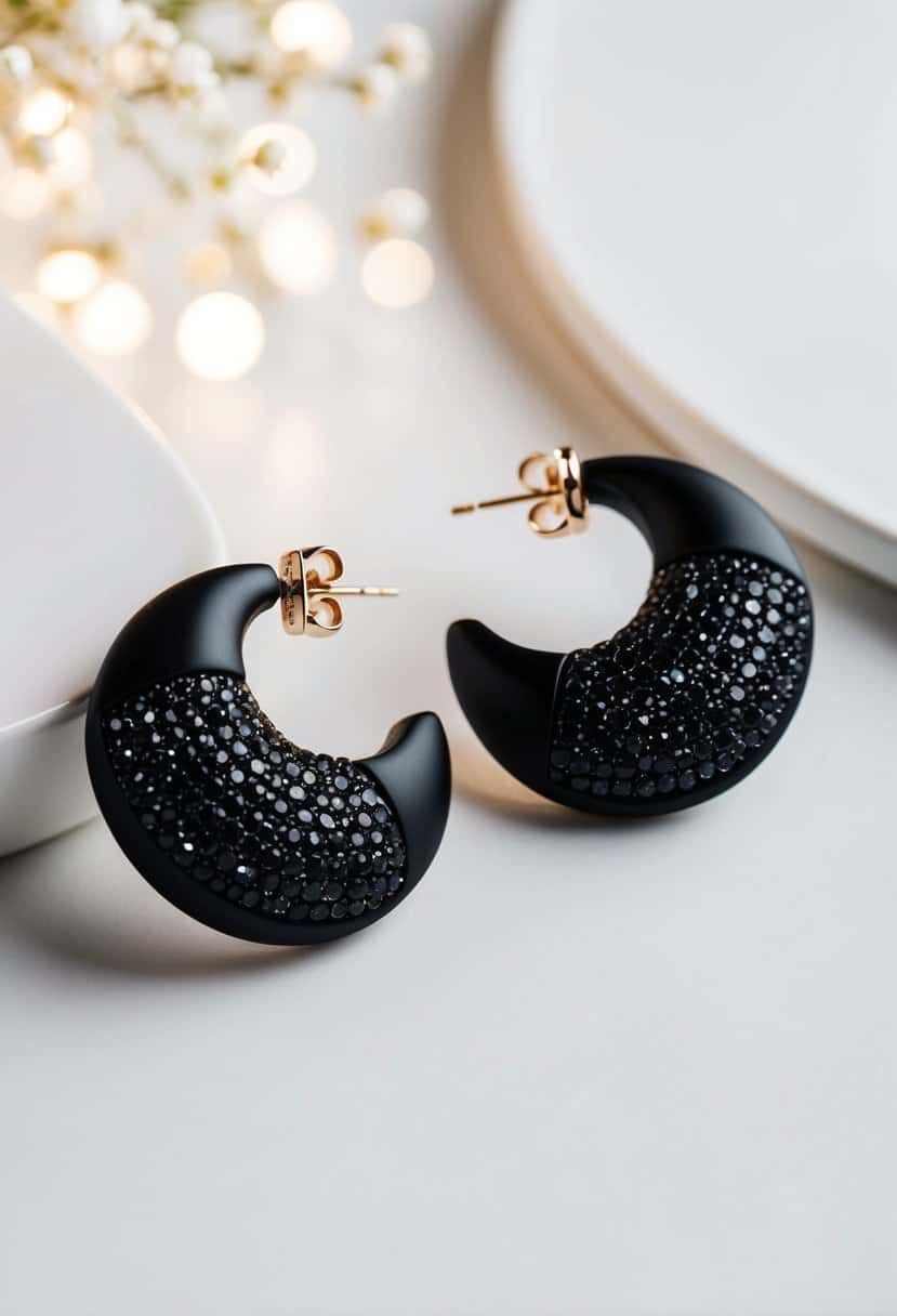 A black modern brilliance earring by Michael Kors, set against a white background with elegant lighting, creating a sophisticated and stylish wedding accessory