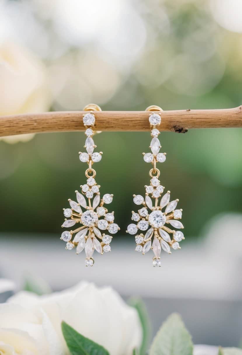 A elegant pair of drop earrings, featuring delicate floral details and sparkling gemstones, perfect for a maid of honor at a wedding