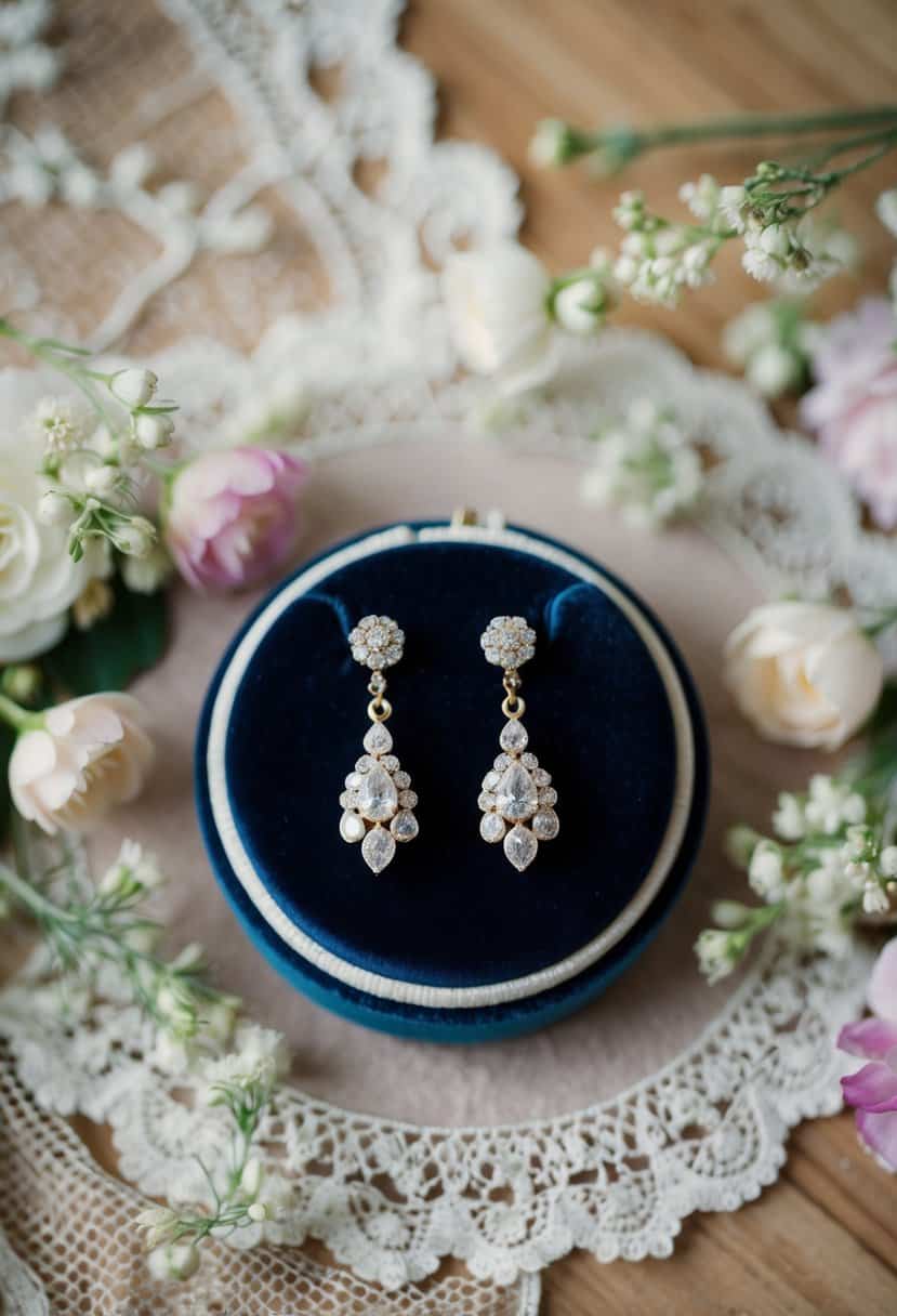 A pair of elegant earrings displayed on a velvet cushion, surrounded by delicate lace and floral decor