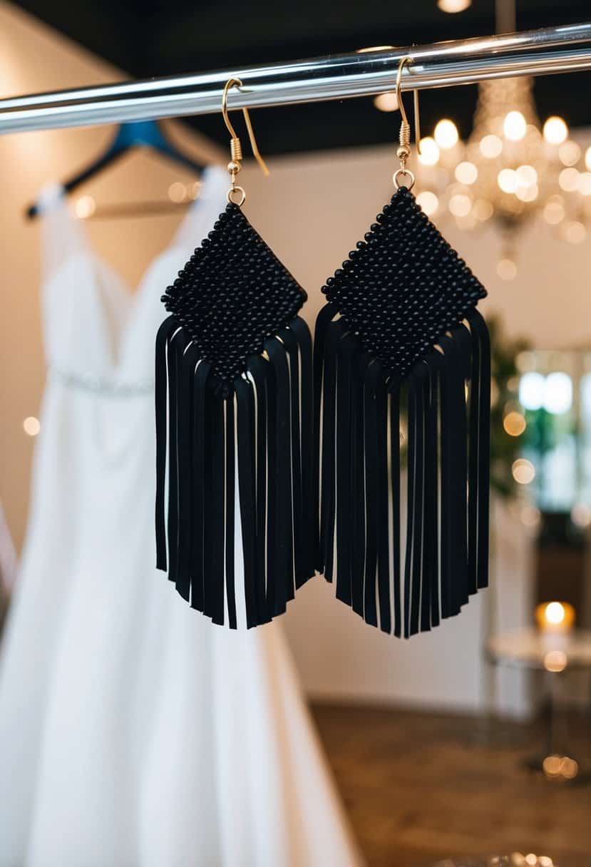 A pair of black fringe earrings hanging from a display, with a wedding dress in the background