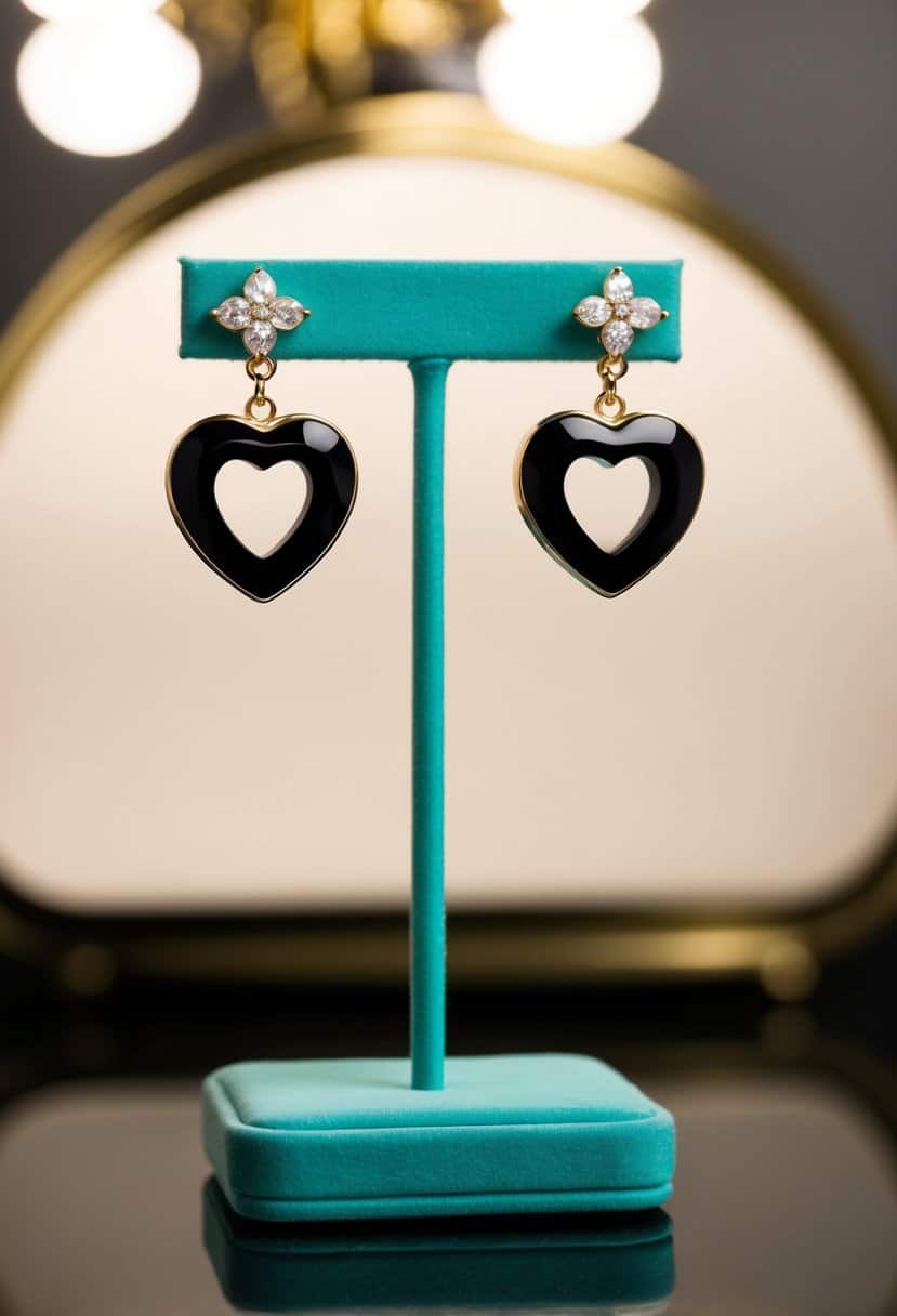 A pair of elegant Tiffany & Co. Black Onyx Open Heart Earrings displayed on a luxurious velvet jewelry stand, surrounded by soft lighting