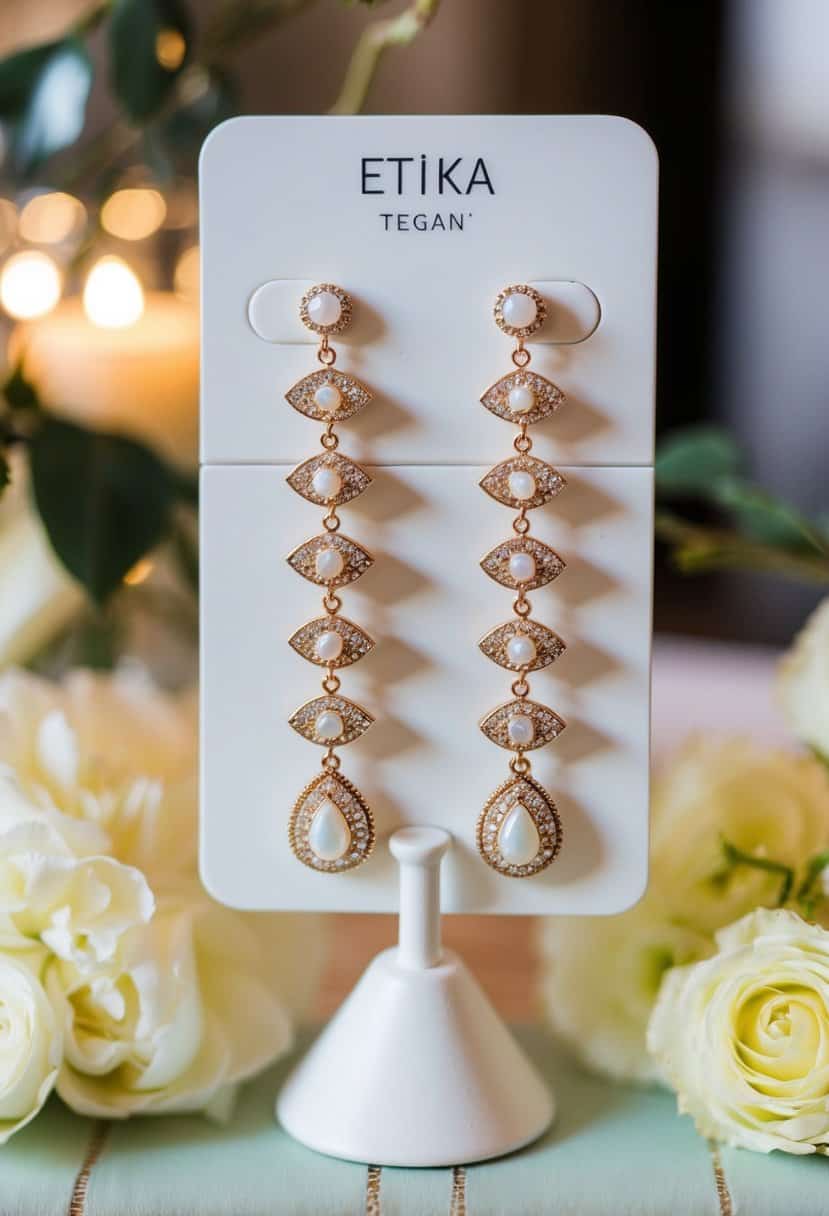 A beautifully arranged display of Ettika 'Tegan' Tiered Earrings, with delicate details and elegant design, perfect for a maid of honour at a wedding