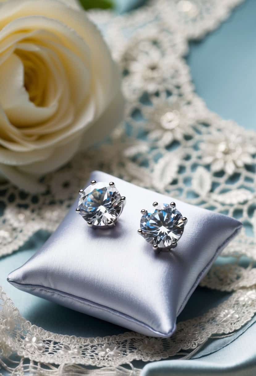 A sparkling pair of Berricle Cubic Zirconia Stud Earrings displayed on a satin pillow, surrounded by delicate lace and floral accents