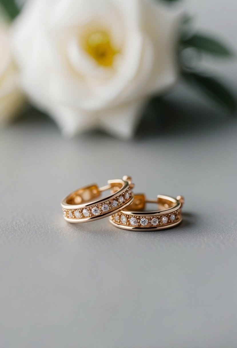 A close-up of elegant mini hoop earrings, featuring delicate details and a timeless design, perfect for a maid of honour at a wedding