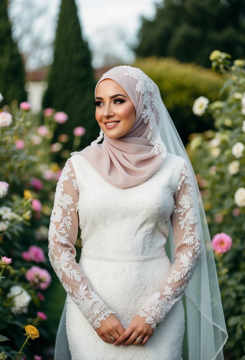 A bride wearing an embroidered lace hijab, standing in a garden surrounded by blooming flowers and greenery