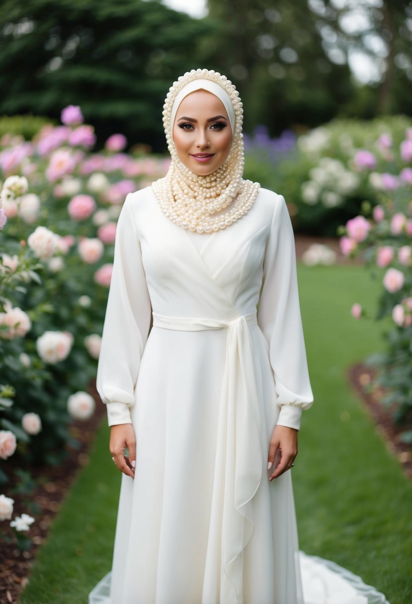 A bride wearing a pearl-beaded hijab with a flowing wedding dress, standing in a serene garden surrounded by blooming flowers