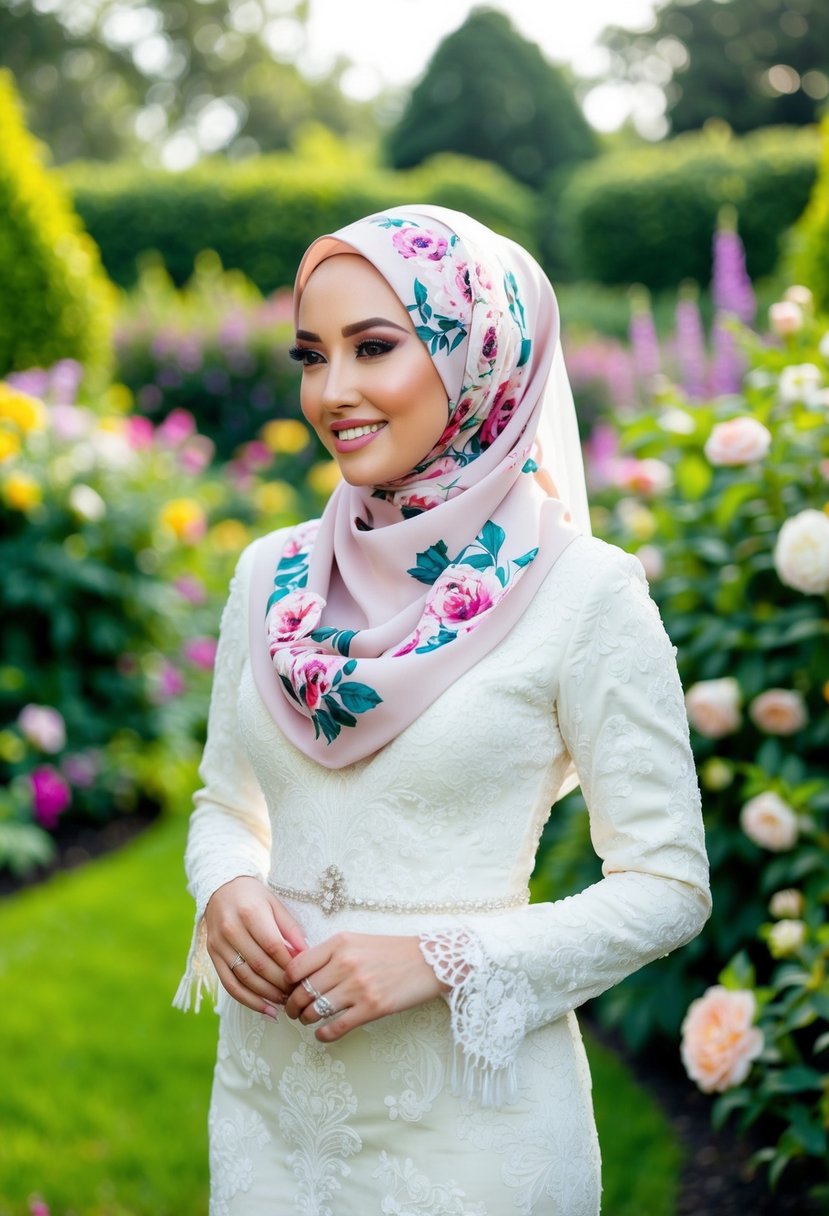 A bride wearing a stunning silk floral hijab, standing in a lush garden surrounded by blooming flowers and greenery