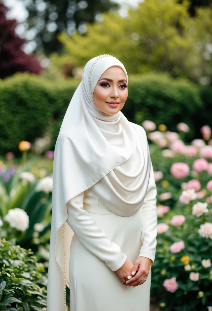 A bride in a satin draped hijab stands in a garden, surrounded by blooming flowers and lush greenery, with a serene expression on her face