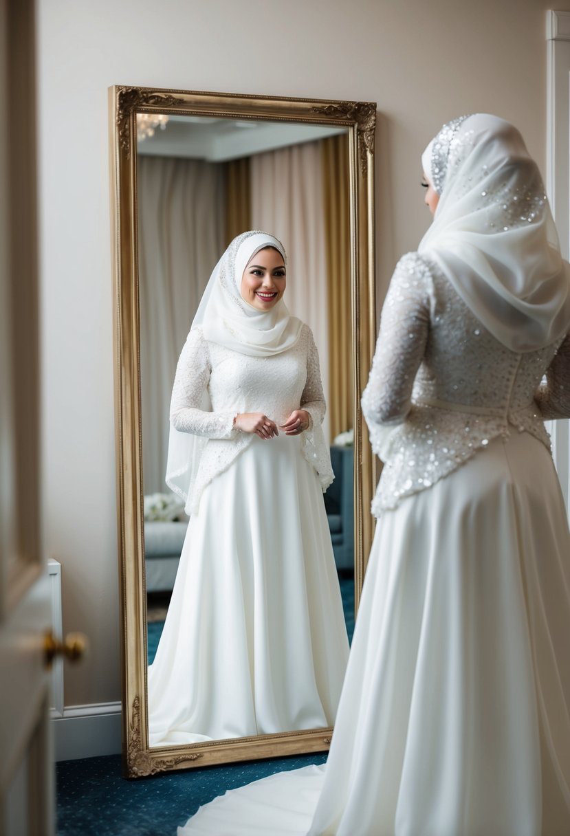 A bride wearing a flowing chiffon sequin hijab, standing in front of a mirror, admiring her wedding dress