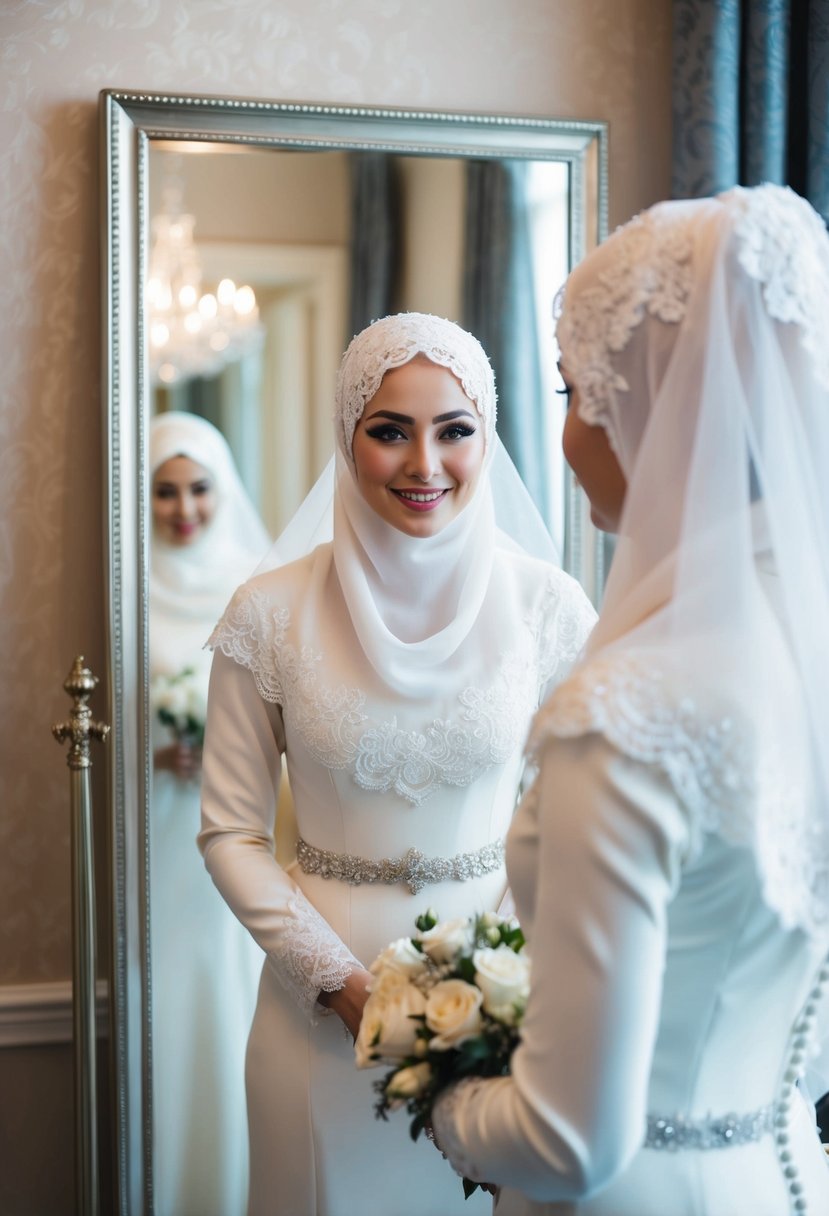 A bride wearing a lace-trimmed hijab with intricate detailing, standing in front of a mirror admiring her wedding dress