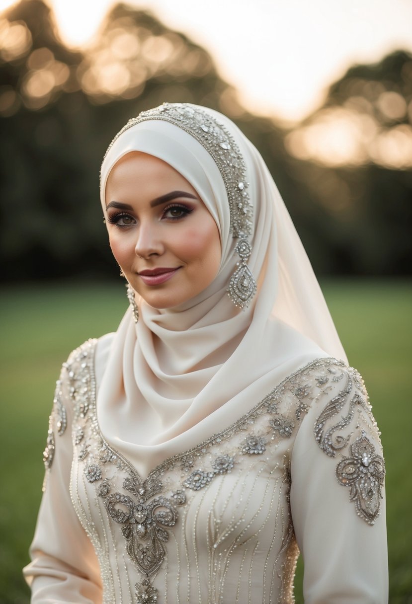 A delicate hijab wedding dress adorned with intricate handcrafted beadwork