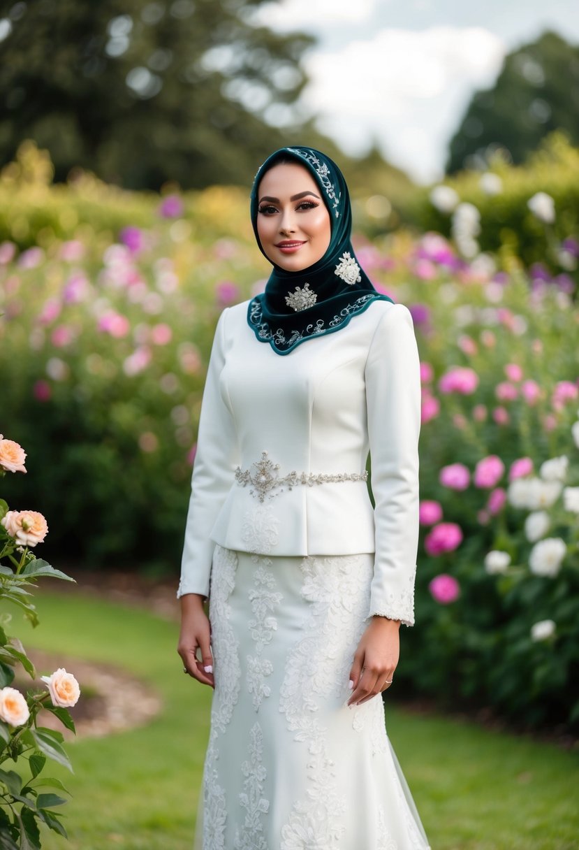 A bride wearing a white wedding dress adorned with velvet applique hijab, standing in a garden with blooming flowers