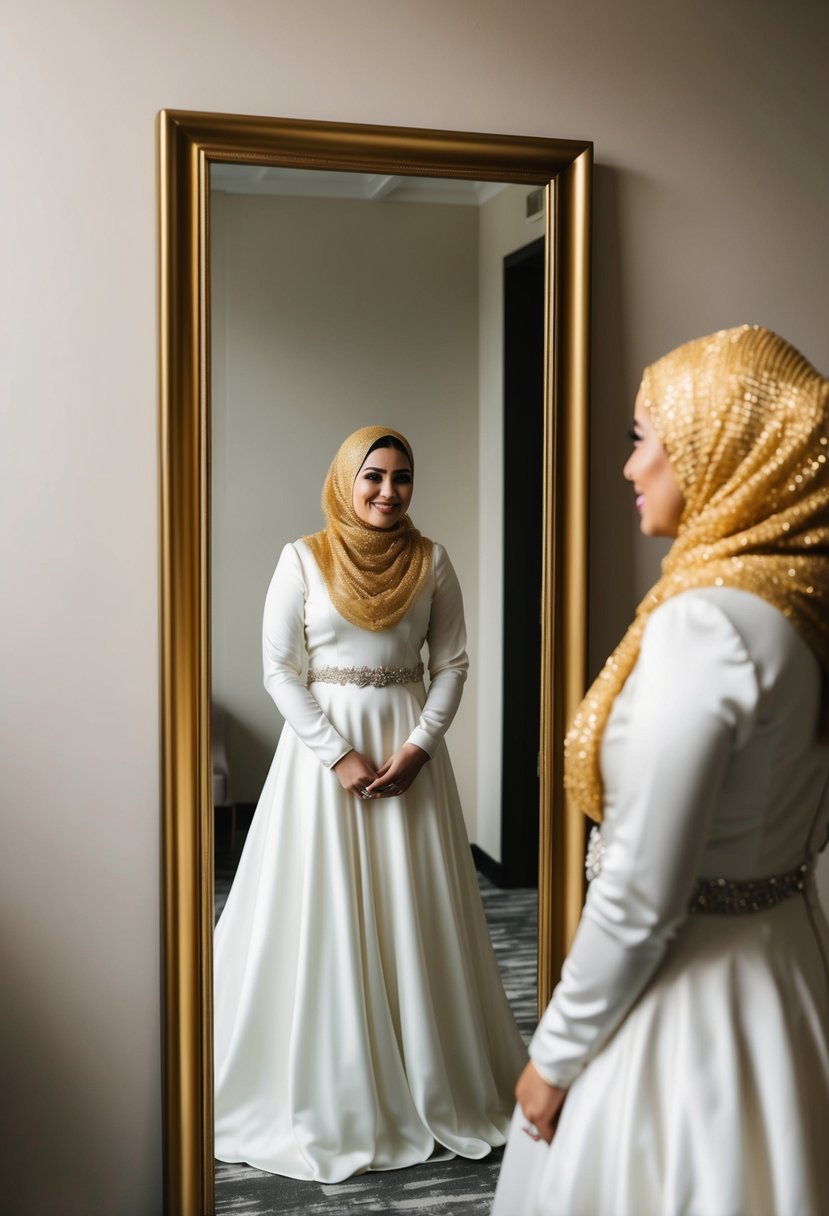 A bride wearing a gold threaded hijab stands in front of a full-length mirror, admiring her reflection in a flowing wedding dress