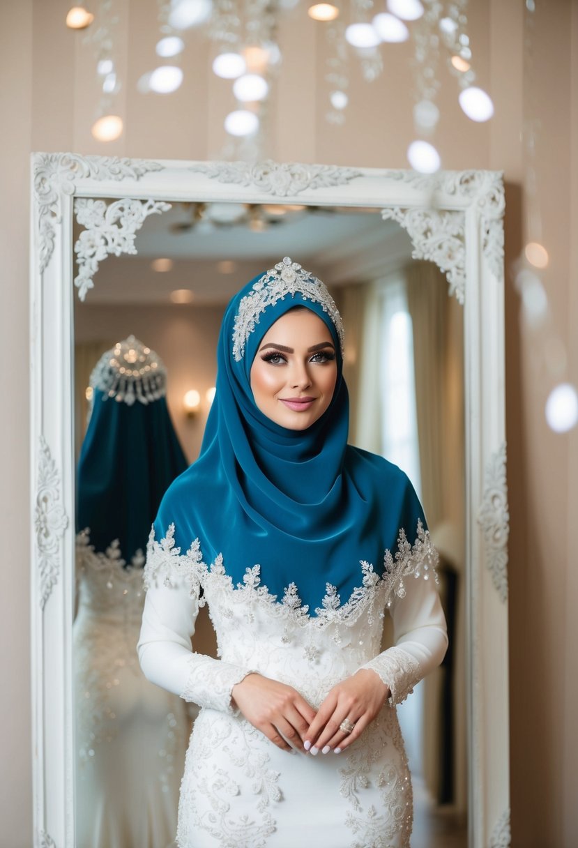 A bride wearing a crystal-embellished hijab, with intricate lace and flowing fabric, standing in front of a mirror